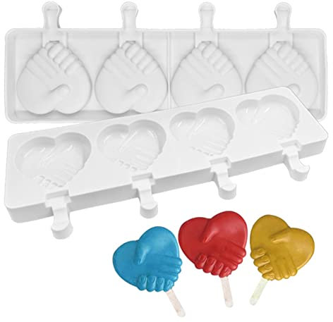 DUBENS Ice Pop Moulds Silicone Ice Lolly Moulds 4 Cavities Homemade Mould Shake Hands Heart Ice Cream Reusable Soft Silicone Cakesicle Mould