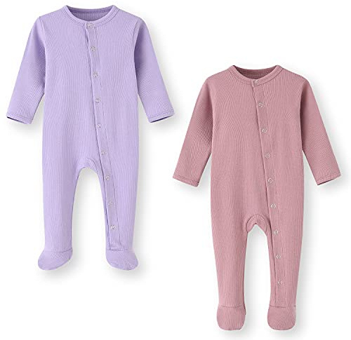 BINIDUCKLING Druckknopf Schlafanzug Mit Fuß, Fäustlings Bündchen - Langarm Strampler Pyjamas für Jungen Mädchen 0-12 Monate, 2er Pack/1er Pack, Baumwolle
