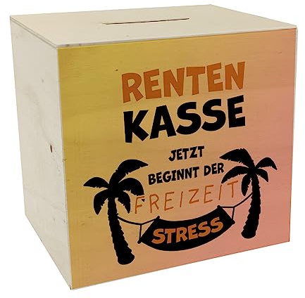 Rentenkasse - jetzt beginnt der Freizeitstress Spardose aus Holz als lustige Geschenkidee für den Renteneintritt von Kollegen und Großeltern mit Palmenmotiv
