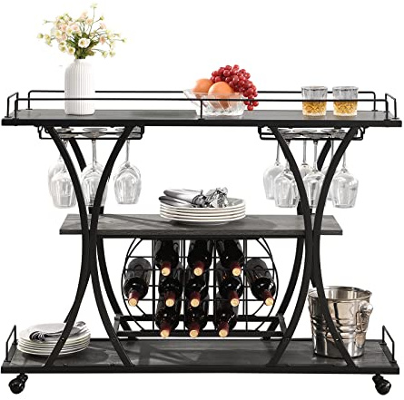 KIVENJAJA Industrial Bar Cart, Rolling Serving Cart with Wine Racks & Glass Holder, 3 Tier Shelf Wooden Metal Liquor Tea Barcart Trolley on Wheel for Home, Grey