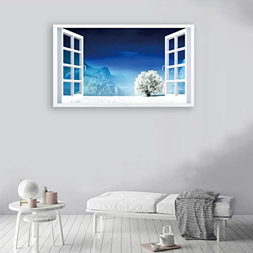 Fenetre Art Image Déco. Paysage d'hiver Tableaux. Fenetre Vue 3D Art Tableaux Deco. Prêt à Accrocher. Pour Salon, Chambre, Bureau 30x50cm(11.8x19.7in) sans cadre