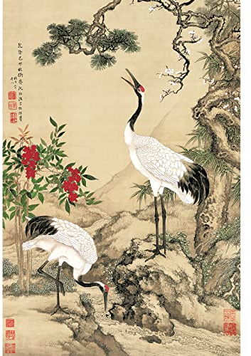 Bristlegrass Holzpuzzle für Erwachsene 1000 Teile und größer Shen Quans Malerei von Kiefernpflaumenblüte Zwei Kraniche - Chinesischer Stil Blumen- und Vogelmalerei Spielzeug(1000 Stück)