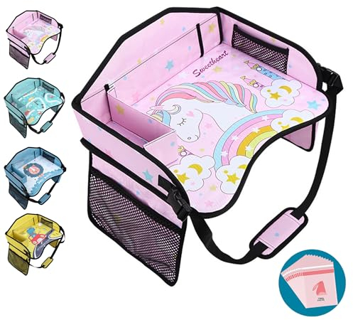 Amoilly Kids Travel Tray for Toddler Car Seat, Lap Travel Tray for Car Airplane, Car Trays for Kids Roadtrip Essentials with 15PC Trash Bag (Horse Pink)