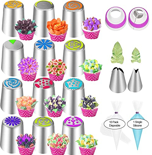 JAYVAR 27 Russian Piping Tips, Piping Bags and Tips Set, 12 Flower Frosting Tips Nozzles for Cake Decorating, Baking Supplies for Cupcake Cookie, 2 Leaf Piping Tips 2 Couplers 11 Pastry Baking Bags
