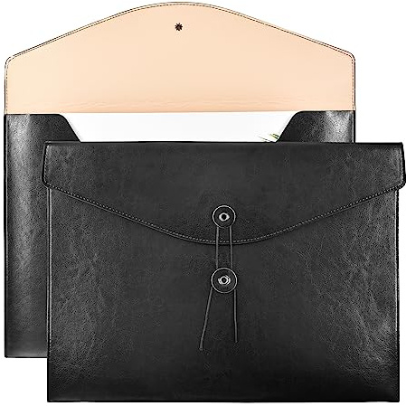 VANRA 1 Piece Leather File Folders Office Document Holder File Envelope A4 Letter Size Filing Folder with String Tie Closure (Black)