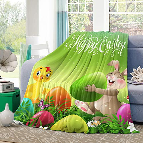 Flanell Decke Osterhase Mit Bunten Eiern Im Grünen Gras-Cartoon-Huhn Universale Kuscheldecke Flauschige Couchdecke Für Couch Mädchen Camping 80x60