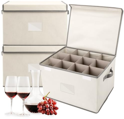 Tioncy 4 cajas de almacenamiento para copas de vino con juego de divisores, carcasa dura y apilable, y 48 bolsas de espuma para cristalería, copas, tazas, tazas de embalaje y mudanza
