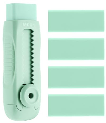 M&G 4+1 Pack Rubber Erasers Sliding Retractable Eraser, Soft Cute Erasers Push Pull Large Pencil Eraser with Plastic Sleeve 4 Refill Eraser for Students Kids, School Office Home Supplies (Green)