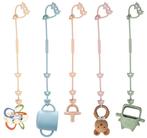 MumEZ Dummy Clip - 5 Pack Pacifier Clips for Boys and Girls, Stroller Accessories Applies Applies to Strollers, High Chair, Shopping Trolley,Cribs, Car Seat, Silicone Toy Safety Straps