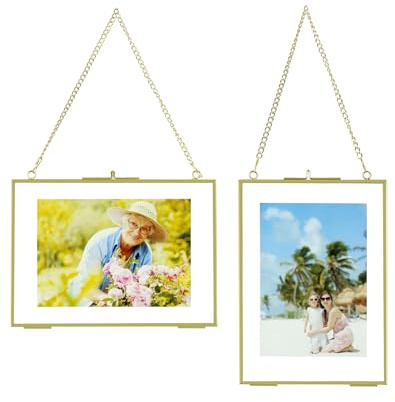 QWORK® 2 Stücke Goldener Bilderrahmen Glas mit Metallkette zum Aufhängen, Pflanze Probe Clip, für Fotos, Pflanzenproben, Zertifikate, 13x18cm