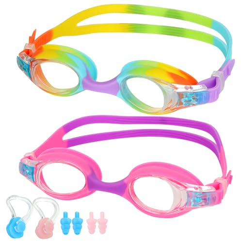 Lychico Kids Swimming Goggles (2 Pack Kids Goggles Anti-Fog UV Resist Leak Proof Swimming Goggles for Kids Boys Girls (Rainbown/Pink&Purple)