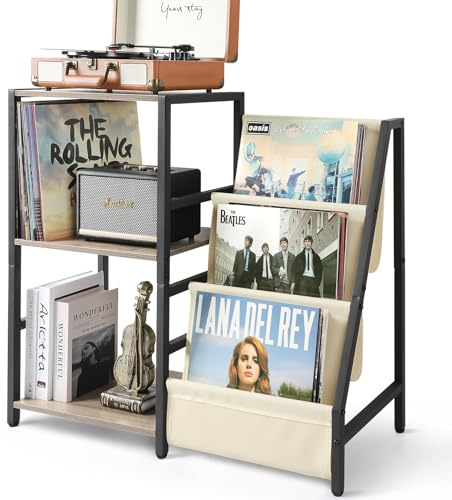 Bikoney Beistelltisch Plattenspieler Schallplattenaufbewahrung mit 3-stufiger Vinyl Schallplatten Aufbewahrung bis zu 200 Alben,Vinyl Plattenspieler Stand,Beistelltisch Holz für Wohnzimmer (Weiß)