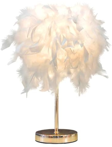 GUANSHAN Weiße Feder-Tischlampe, Nachttischlampe mit goldenem Sockel, Feder-Tischleuchte, Schreibtisch-Lampenschirm für Schlafzimmer, Heimdekoration, Fotografie-Requisiten