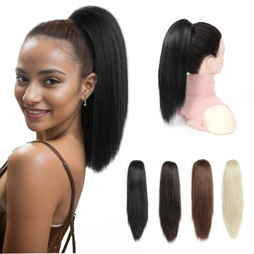 PARXITN Claw Jaw Clip in Pferdeschwanz Haarverlängerung Synthetisches Haarteil Schwarz 30 cm Gerade Kurzer Pferdeschwanz Extensions für Frauen