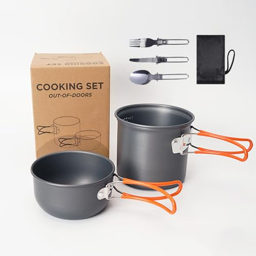 Camping Geschirr Set Outdoor Camping Kochgeschirr Für 1-2 Personen Aluminium Camping Töpfe Picknick Topf Camping Faltbare Besteck Für Outdoor Picknick Wandern,Orange