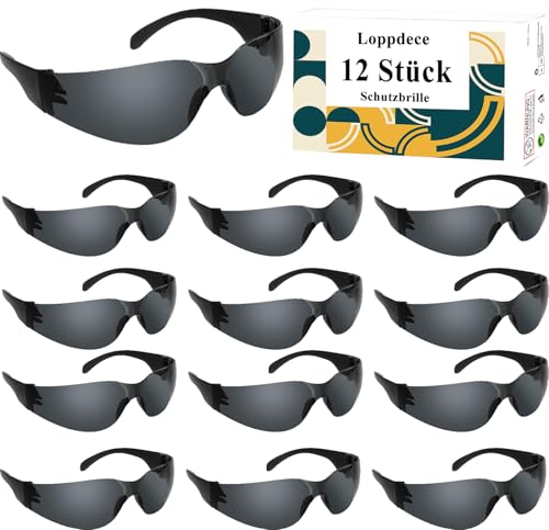 Loppdece 12-er Pack Schutzbrillen, Schutzbrille mit Anti-Beschlag und Kratzbeständigen Gläsern, Arbeitsschutzbrille Für Werkstatt Fahrrad-Fahren Joggen, Unisex, Linsen Getönt/Schwarz-Grau