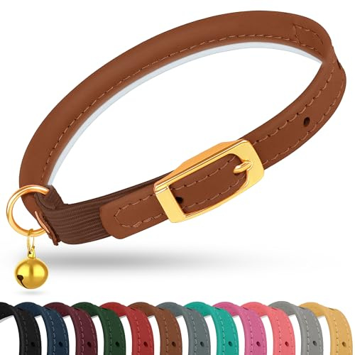 OOPSDOGGY Rolled Leather Cat Collar with Bell - Reflective Kitten Collar with Safety Elastic Strap - Adjustable Small Pet Collars for Boy Girl Cats (Brown)