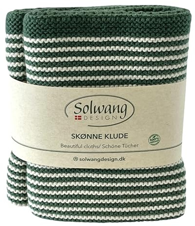 Solwang 2-Pack Striped 100% Certified Organic Cotton Danish Washcloths/Dishcloths in Garter Stitch - Made in India 10 Square (2-Pk Nature/Seagreen Organic)