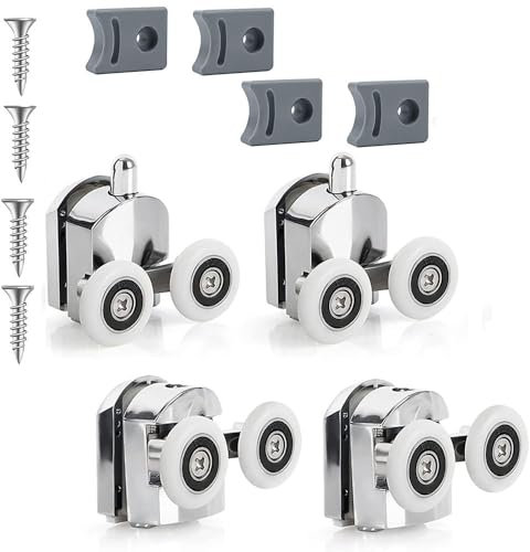 Voarge Roulettes courbes de porte de douche pour porte de douche avec double porte coulissante, accessoires pour cabine de douche de rechange et fixation, 2 roues supérieures + 2 roues Silver, 23 mm