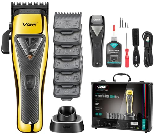 VGR 015 Professional Cordless Hair Clippers for Men, 9000 RPM Vector Motor Hair Trimmer DLC-Blade Barber Clipper for Hair Cutting with Metal Body, 1 Modular Lid in Black, Travel Case