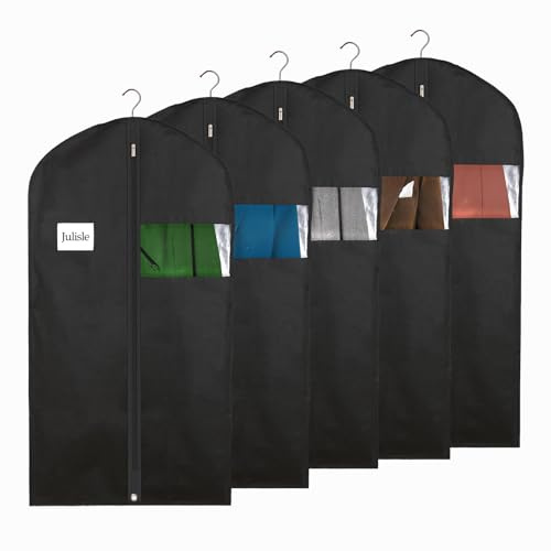 Julisle Suit Bags for Men, Garment Covers for Hanging Clothes, Jacket Coat Protector with Zipper & Viewing Window | Breathable, Washable, Dustproof Clothes Storage | 5-Pack, Black, 43-Inch