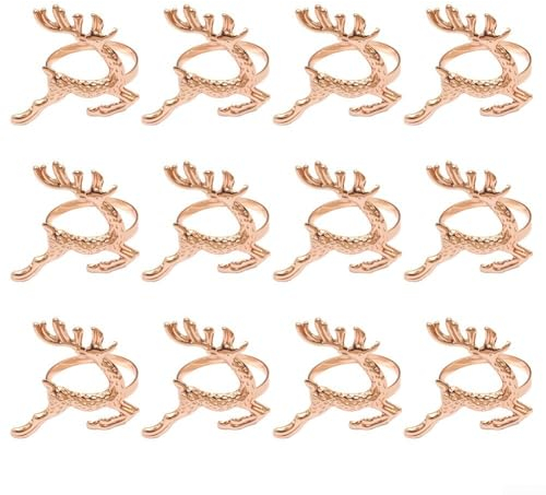 PETSTIBLE Serviettenringe mit Weihnachtselch, goldfarben, 12 Stück, für Weihnachten, Hochzeit, Abendessen, Party-Dekorationen (Roségold)
