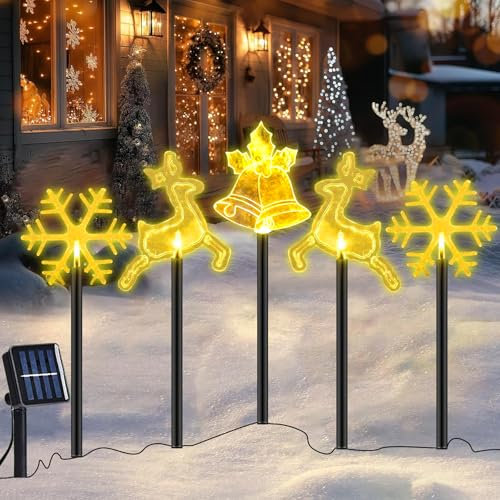 Gartenstecker Solar Außen Weihnachten, LED 5er Set, Acryl Weihnachtsbeleuchtung, Garten Leuchtstäbe, Dekoleuchte Gartenleuchte, Weihnachtsdeko Outdoor, Lichterkette