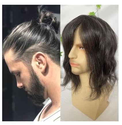 Toupet für Herren 12 langes Echthaar-Toupet for Männer, 8x10 Zoll, ultradünnes Voll-PU-Haut-Basis-Haarteil for Männer, 1B# schwarzes Haar, gemischt mit 20% synthetischem grauem Haarsystem Perücke Mä