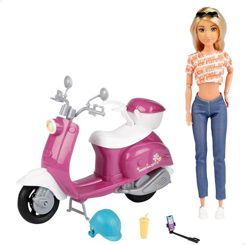 ColorBaby Isabella Muñeca articulada con Scooter, 30 cm, Moto de Juguete, Incluye Accesorios, Gafas de Sol, Móvil, Soporte para selfis, Casco, Refresco, Muñecas para niña, Regalos +3 años (47812)