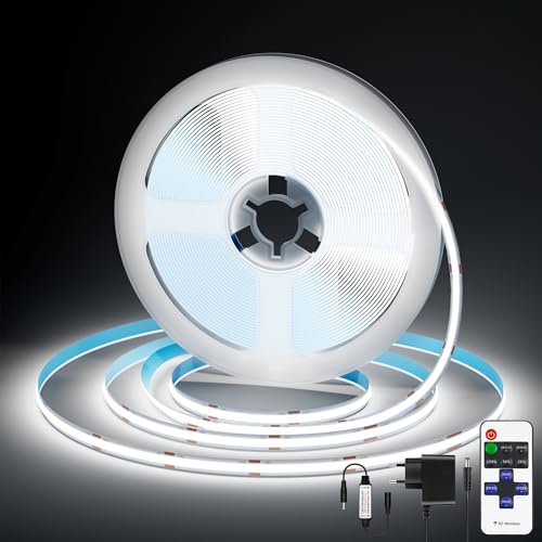 Striscia LED Striscia LED COB 5m, Banda LED 6500K Bianco Dimmerabile con Telecomando, Striscia Luminosa LED Autoadesiva 24V, 36W Illuminazione TV LED Molto Luminosa per Cucina, Soggiorno, Scale
