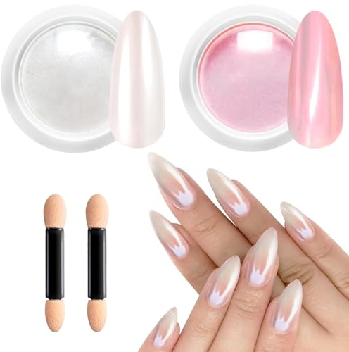Chrome Nail Powder Ultra-Fine 25nm BISHENGYF, Fairy Pink & Pearl White Nail Chrome Powders for Metallic Mirror Effect & Pearlescent Glow, Dust-Free Professional Chrome Nails Set for Home 2PCS