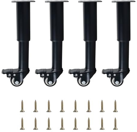 Verstellbare Möbelfüße aus Metall, 18,5-26 cm höhenverstellbar, 4er-Set mit abnehmbaren Lenkrollen, DIY Ersatz Tischbeine, Schrankfüße, Bettfüße, Sofa- und Nachttischbeine mit Rollen (4 Stück)