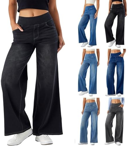 Damen-Sweatpant-Jeans, Dehnbare Baggy-Jeans für Damen, hoch taillierte, Dehnbare Jeanshose zum Überziehen mit weitem Bein und Taschen