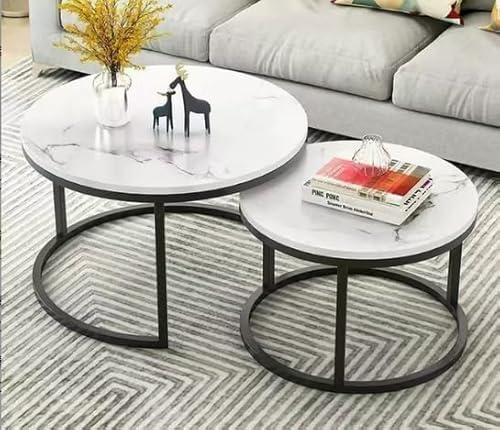 OHMG 2 Stück Couchtisch, Marmoroptik, Beistelltisch für Wohnzimmer, Durchmesser 70 + 50 cm, große runde Satztische, Marmoroptik und Struktur aus vergoldetem Stahl (Schwarz + Weiß, 70 x 70 x 45 cm)