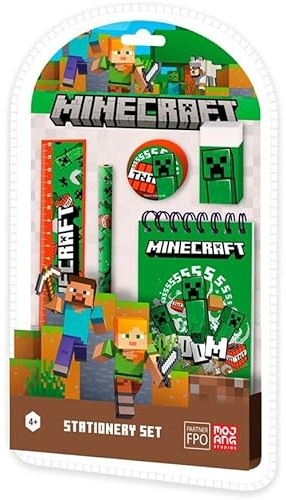 HOVUK Minecraft Schreibwaren-Set für Jungen – Kinder-Schreibwaren-Geschenk-Set, Mini-Notizbuch, Bleistift, 15 cm Lineal, Radiergummi und Spitzer, Schulbedarf für Kinder, Schulanfang, Geschenke ab 3