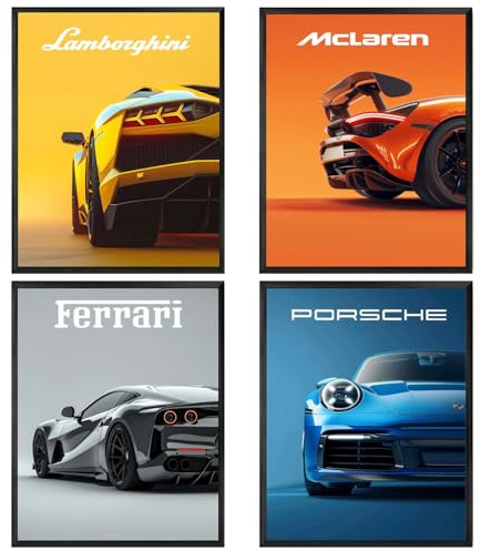 4 Pcs Car Posters, Super Car Poster, Cool Canvas Wall Art for Man Cave Boys Room Bedroom Aesthetics Decor, Modern Sports Cars Classic Racing Cars Prints, 12x8 Inch