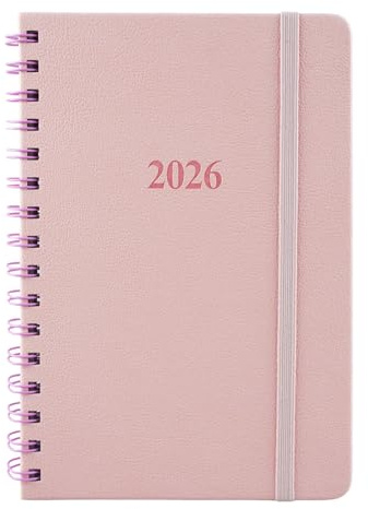 2026 A5 veckoplanerare (vecka per visning) – rosa, spiralbunden PU-kuvert, elastiskt band, 1 vecka på 2 sidor, täckt året runt, mångsidig schemaläggare