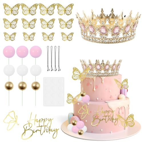 28 Set Krone Tortendeko DIY Schmetterlinge Deko Torte mit Krone, 3D-Schmetterling, Clip, Romantisch und Warm Cake Topper Geburtstag für Geburtstagstorten, Hochzeitstorten, Babyparty-Torten