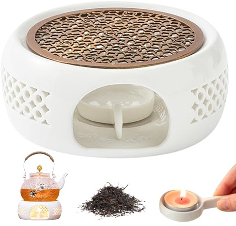 HIULLEN Stövchen für Teekanne, Keramik Teekannenwärmer, Teewärmer Keramik Weiß mit Teelichthalter und Herdmatte, Kaffeewärmer für die Wärmeerhaltung von Tee und Kaffee Milch
