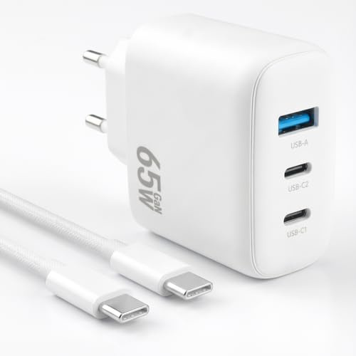 65W Chargeur USB C Rapide, 3-Ports PD & QC3.0 Chargeur Prise 65W 3 Ports GaN Prise USB C avec Câble Type-C 1M Compatible avec iPhone 16/15 Pro Max Galaxy S24 Pixel 9 8 MacBook Air Pro
