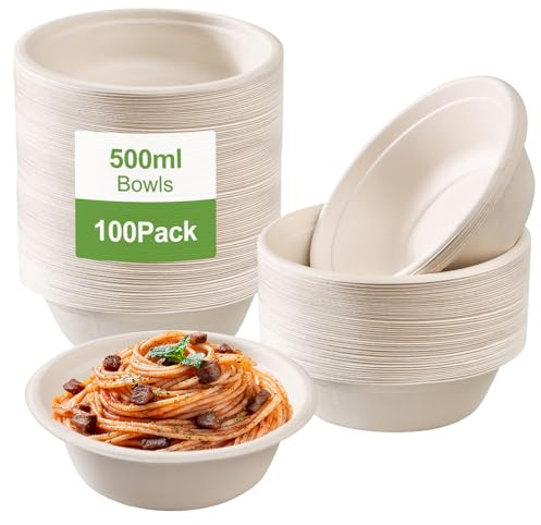 Lot de 100 bols à soupe jetables en carton 500 ml - Assiettes creuses jetables - Biodégradables