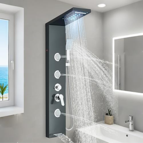 ROZIN LED Shower Tower with Mixer Black Shower Panel System with Rainfall Showerhead Body Massage Jets Handheld Spray and Bath Spout Stainless Steel Wall Mounted