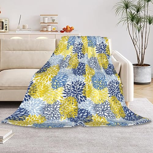 HUSITI Yellow Blue Dahlia,Floral Geometric Decor Throw Blanket,Flannel Soft Home Decor for Women Men Birthday Gifts, GentleSoft Cozy Fruit Pattern Blankets for Couch Bed Camping,50x60