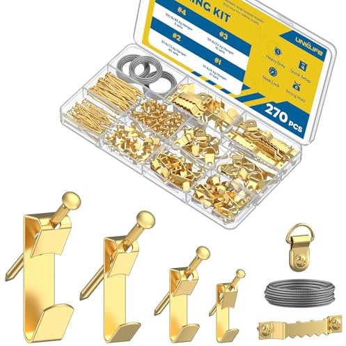 Uniclife Kit di Sospensione per Quadri 270 Pezzi, 4 kg, 13 kg, 22 kg, 45 kg Ganci per Quadri con Chiodi, Ganci a D Ganci a Dente di Sega & Fili di Sospensione con Viti