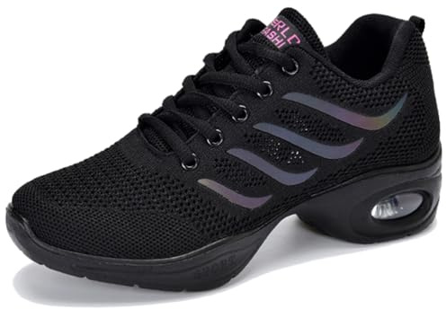 Hiuzylqx Dam Jazzdansskor Mesh Snörning Moderna Danssneakers Halkfria Platå Luftkudde Dans,Black,40 EU