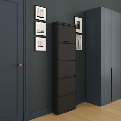 furni24 Schuhschrank, 5 Klappen, Metall, 10–14 Paar, wandmontierbar, vormontiert – Schwarz