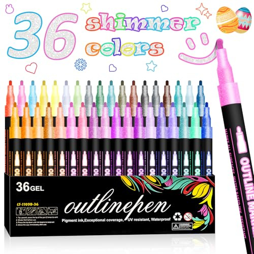 Glitter Metallic Markers Pens-36 Colors Double Line Pens for Shimmer Outlines Coloring Scrapbooking Card School Supplies Painting Craft - Presents for Adults Teenage Girls and Kids 8 -12 Year Old