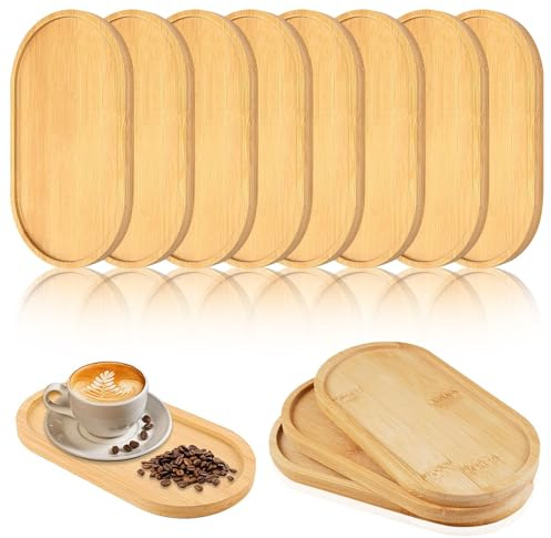 BIZOI 8 Stück Bambus Tablett Klein, 17.5 x 8.8 x 1 cm Holztablett Klein, Deko Tablett Holz, Ovale Holz Serviertabletts für Tee, Kaffee, Kuchen, Kosmetik, Handtücher und Duschzubehör