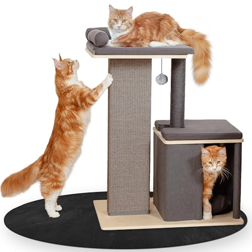 Petlinn Premium Kratzbaum, für große Katzen, stabil, extra Dicker Stamm | Große Liegeflächen und Höhle, Katzenbaum Holz, modernes Design, 95 cm, grau, Katzenkratzbaum Natur-Optik