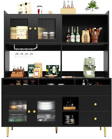 xixiworkshop Restaurant Hochschrank 145 x 39 x 171 cm, Kitchen Cabinet, Vorratsschrank, Küchenschrank mit Arbeitsplatte, mit Glastür, Weinglasregal, Geeignet für Restaurants/Wohnzimmer, Schwarz